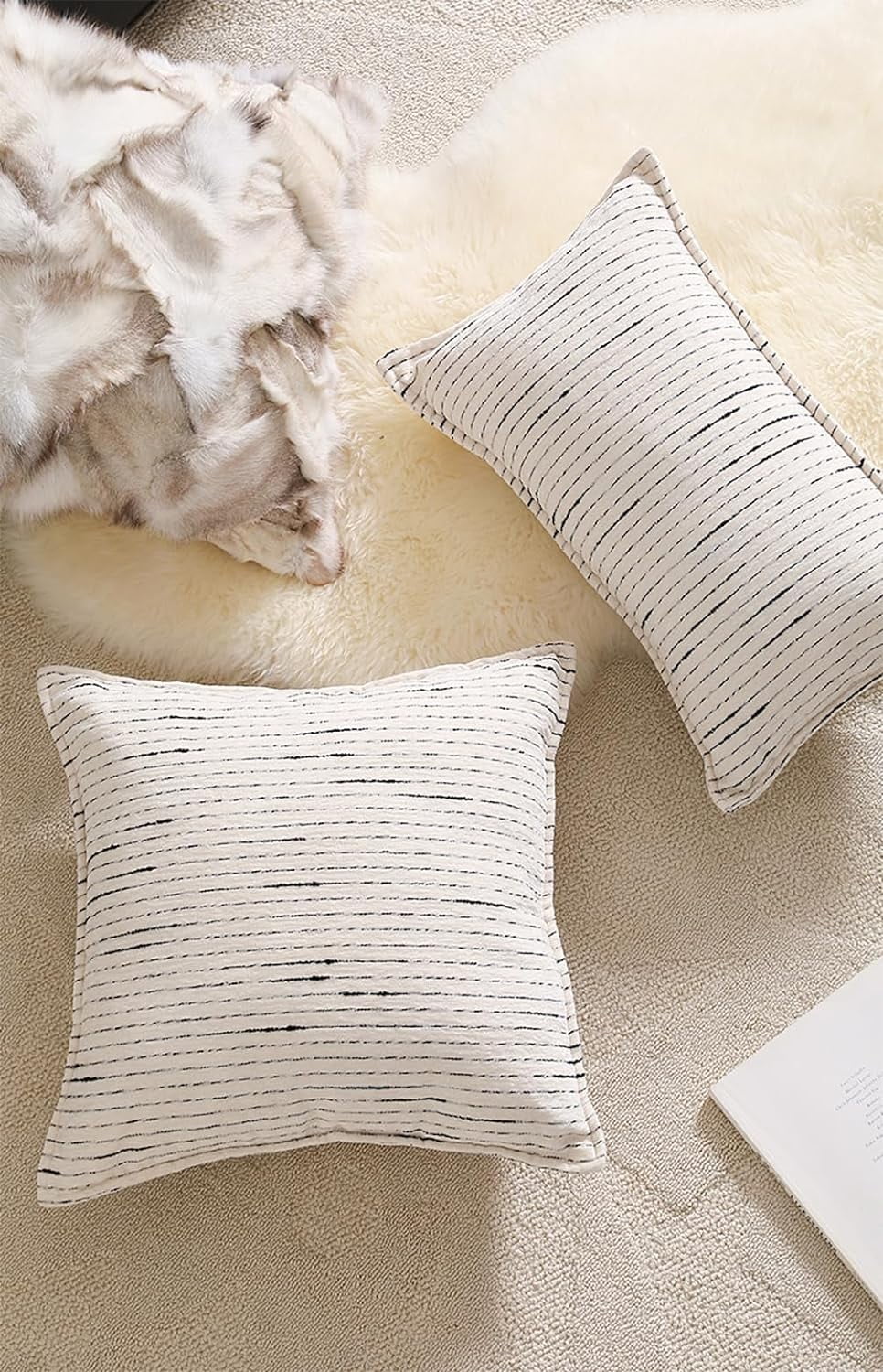 Fennco Styles Black Stripe Chenille Decorative Filled Throw Pillow 20" W X 20" L - White Woven Soft Cushion Case for Home, Couch, Bedroom, Living Room and Office Décor