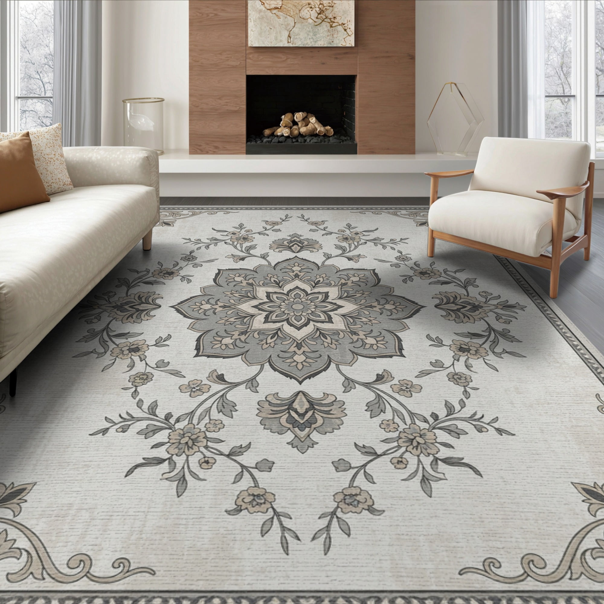 ODIKA 6 x9 Washable Area Rug Farmhouse Scroll Border Traditional Large Vintage Distressed Playful Expressive for Family Room Living Room Master Bedroom Non-Slip Easy Care