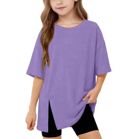 CQONEPT Girls Oversized Tshirts Summer Casual Shirt Short Sleeve Crewneck Blouses Loose Side Slit Tee Tops Basic Shirts Purple 140
