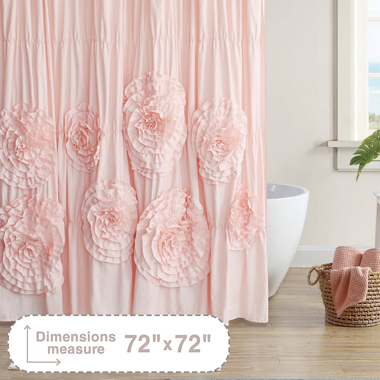 HIG Boho Ruffled Shower Curtain - Oversized Floral Print, Heavy Fabric with Elegant Draping for Bathroom, 72"x72", Peach