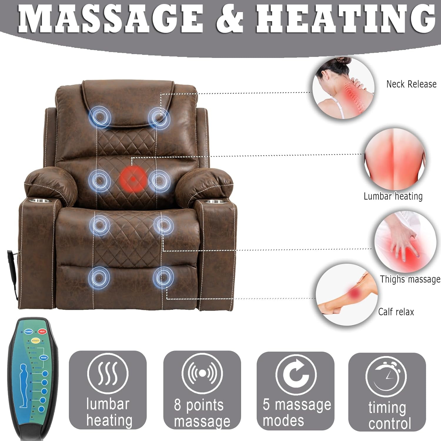 REHOUSING Adult Leather Power Lift and Massage Recliners, Brown
