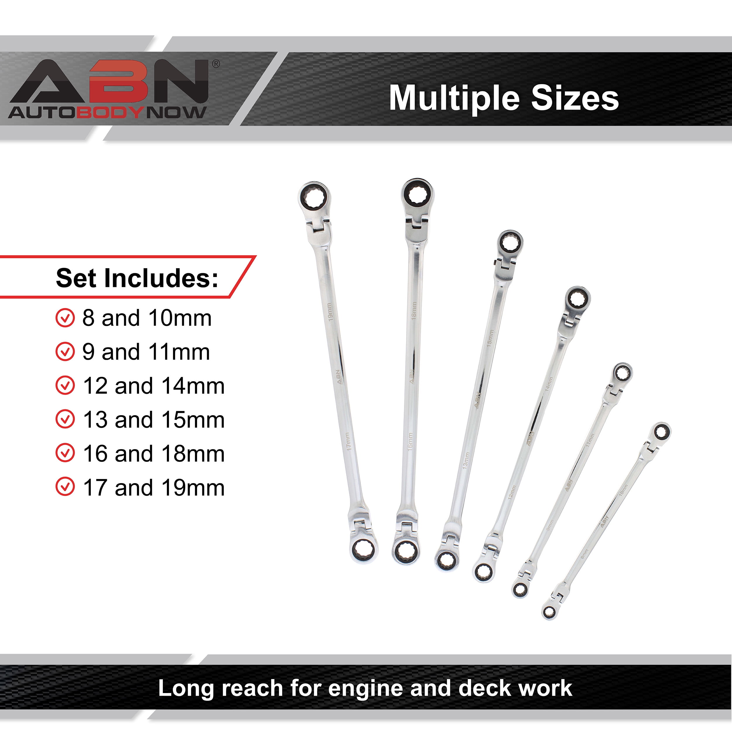 ABN Flex Head Ratcheting Wrench Set - 6-Piece Double Box End Wrench Set
