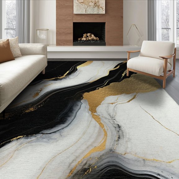 ODIKA 8'x10' Washable Area Rug Abstract Marble Modern Brushstroke Design With Gold Veining Motif for Living Room, Under Sectional, Family , Durable, Non-Slip