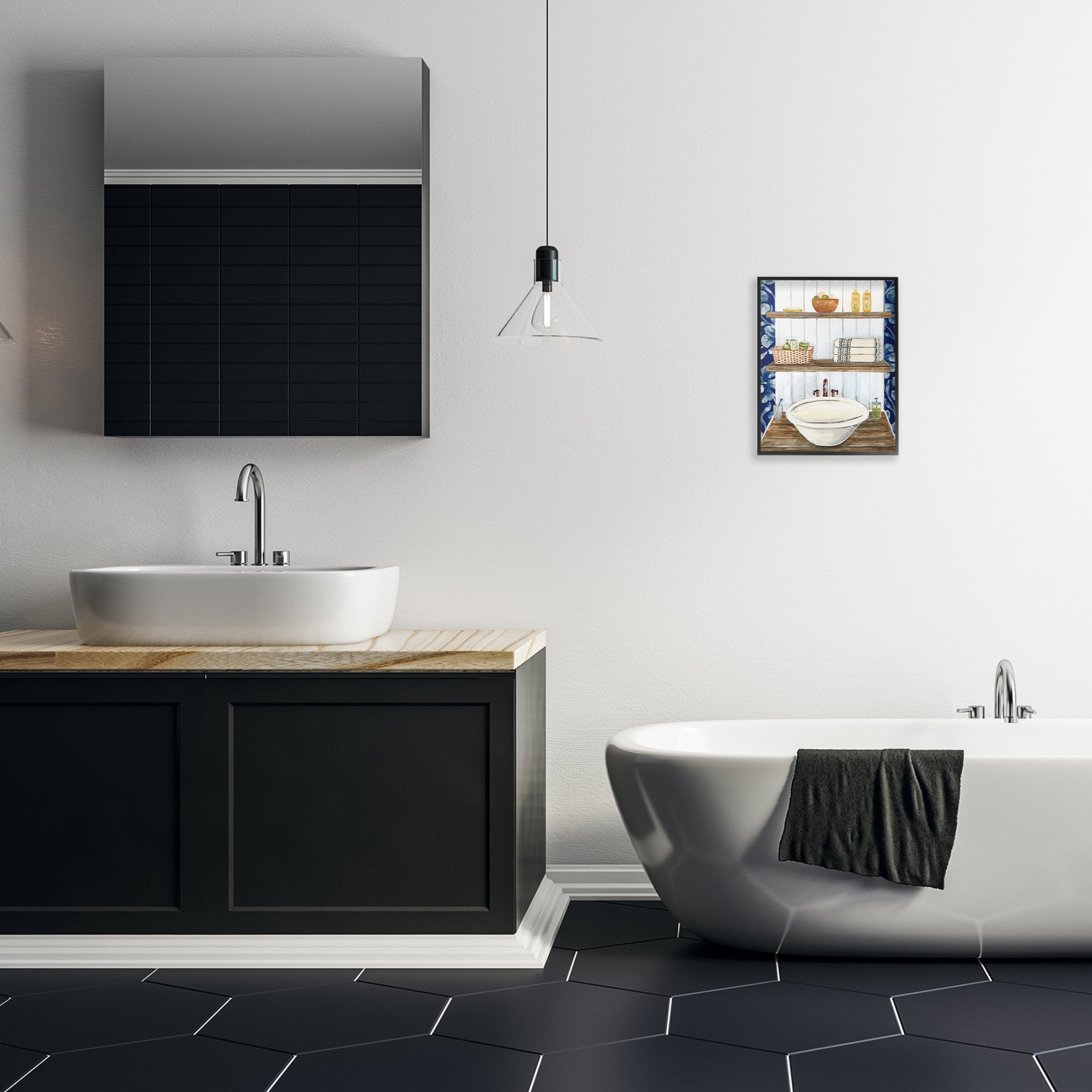 Stupell Industries Bold Blue Bathroom Typography Painting Black Framed Art Print Wall Art, 11 x 14