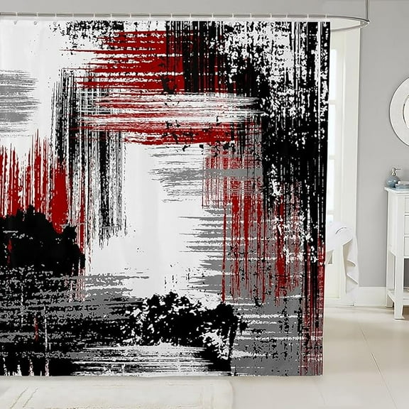Abstract Shower Curtain For Bathroom - Modern Art Design For Kids Boy Room Decor, Grunge Style Red Black Grey Waterproof Bath Curtain With 12 Hooks 36"W x 72"L