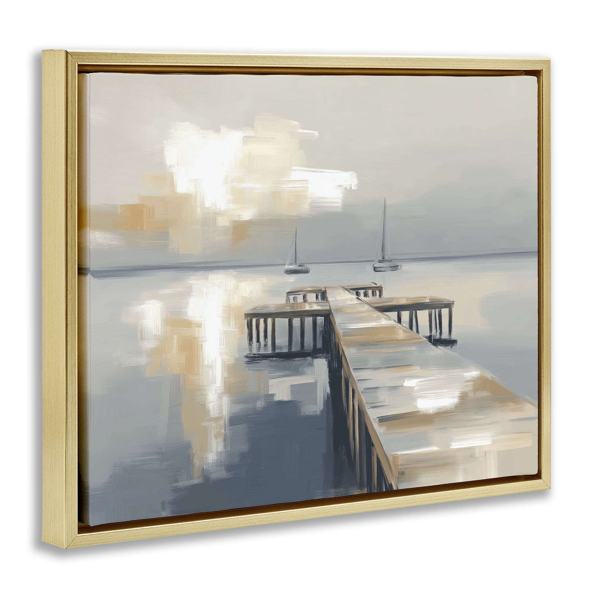 Stupell Industries Pier with Two Boats Seascape Gold Framed Floater Canvas Wall Art, design by Kim Curinga