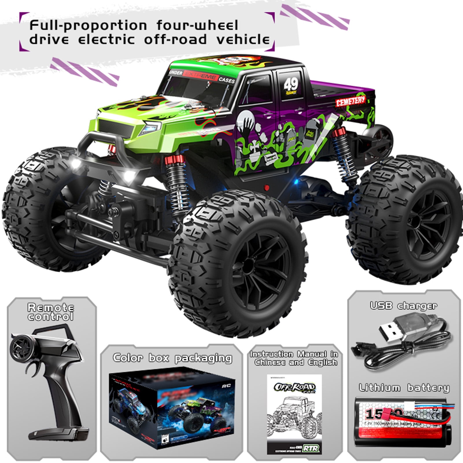 Off Road RC Car Car 1/18 RC Car, 2.4G 4WD 29KM/H High Speed Remote Control Truck, All Terrain Off Road Vehicle with LED Lights