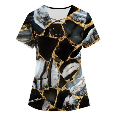 

BIZIZA Scrubs Women Dressy V Neck with Two Pocket Uniform Graphic Short Sleeve Oversized Dressy Tops Plus Size Black L