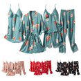 thumbnail image 2 of Feimerou Women's Silk Satin Pajamas Set 5 Pcs Floral Pjs Sets Loungewear Cami Top Built In Bras Soft Comfort Robe Pjs Pants Suits, 2 of 3