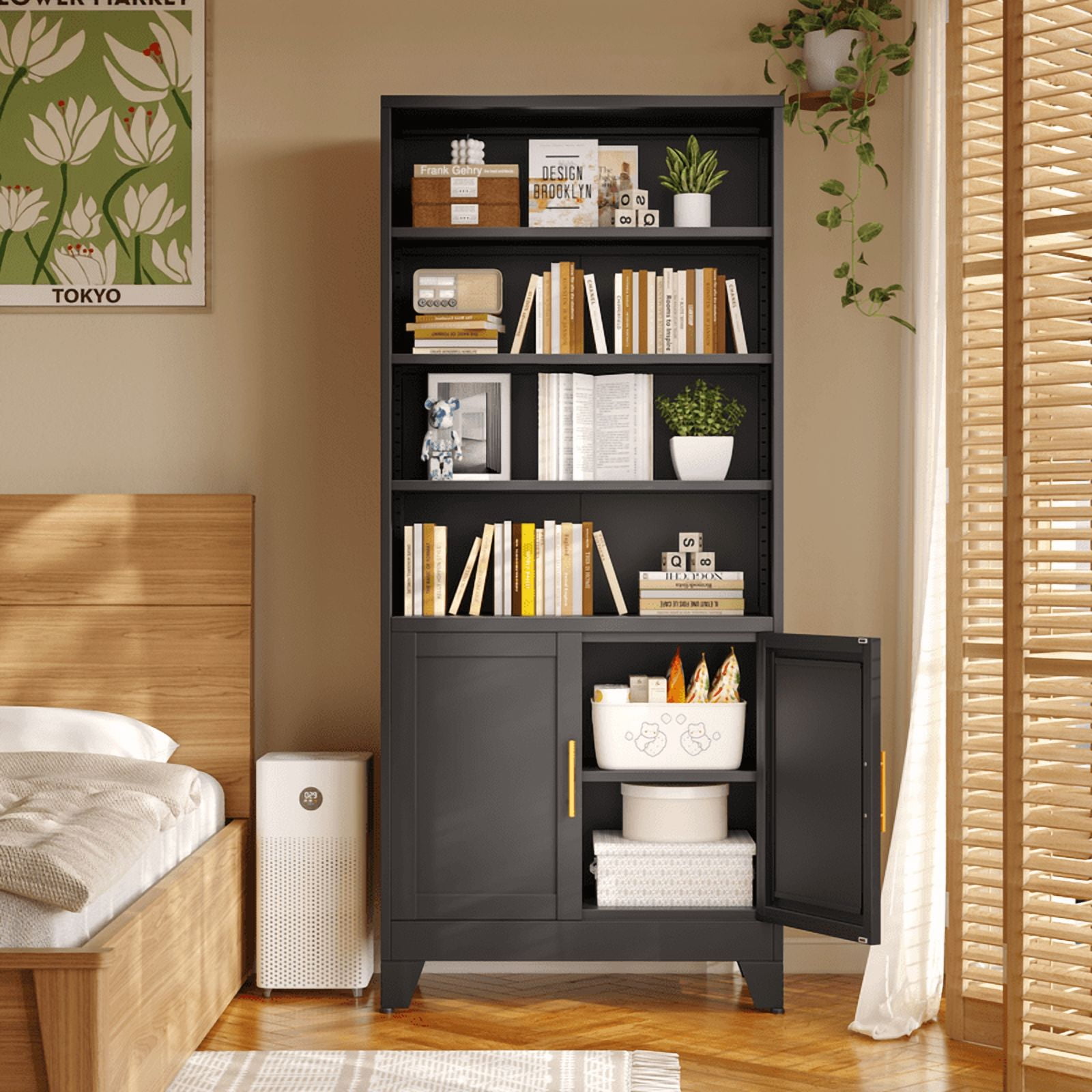 71"H Tall Metal Bookcase/Bookshelf with Doors And 4 Adjustable Shelves for Storage