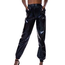 SWSMCLT Women's Casual Metallic Pants Shiny Hot Dance Casual Pants Long Trousers Halloween Stretch Elastic Waist Black X-Large