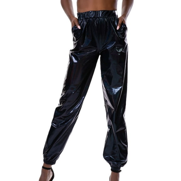 SWSMCLT Women's Casual Metallic Pants Shiny Hot Dance Casual Pants Long Trousers Halloween Stretch Elastic Waist Black X-Large