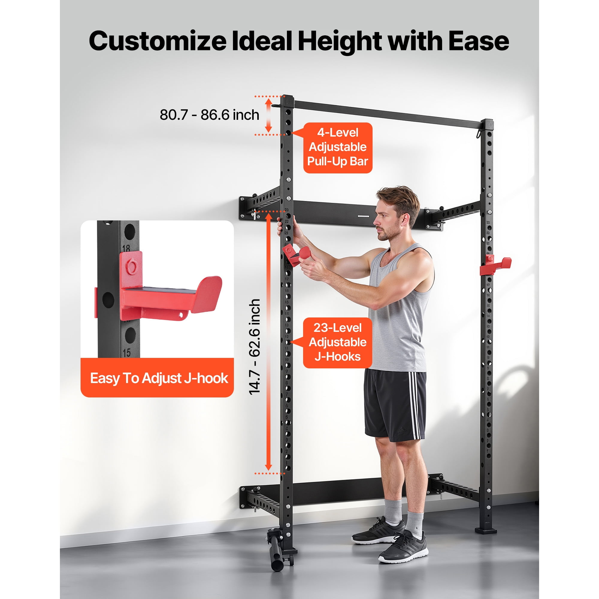 KFFKFF Folding Wall-Mounted Power Cage, Multifunctional Squat Rack for Strength Training, Home Gym Equipment with Adjustable J-Hooks, Pull-Up Bar, Landmine Holder, and 1000LBS Weight Capacity