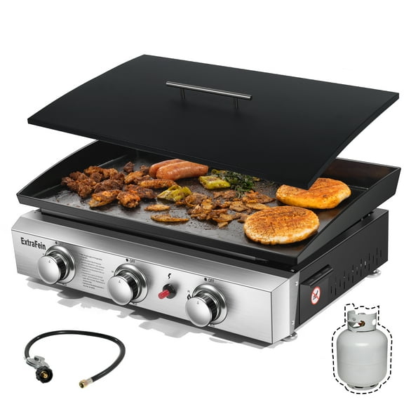 ExtraFein Gas Griddle Flat Top 24 Inch, 3 Burner, 30000 BTU, Stainless Steel Tabletop Grill with Lid and Iron Pan, Portable Griddle Propane for Kitchen, Camping, Outdoor, Tailgating, Barbecue