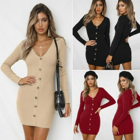Women Fashion Winter Knitted V neck Long Sleeve Knitted BodyCon Sweater Dress
