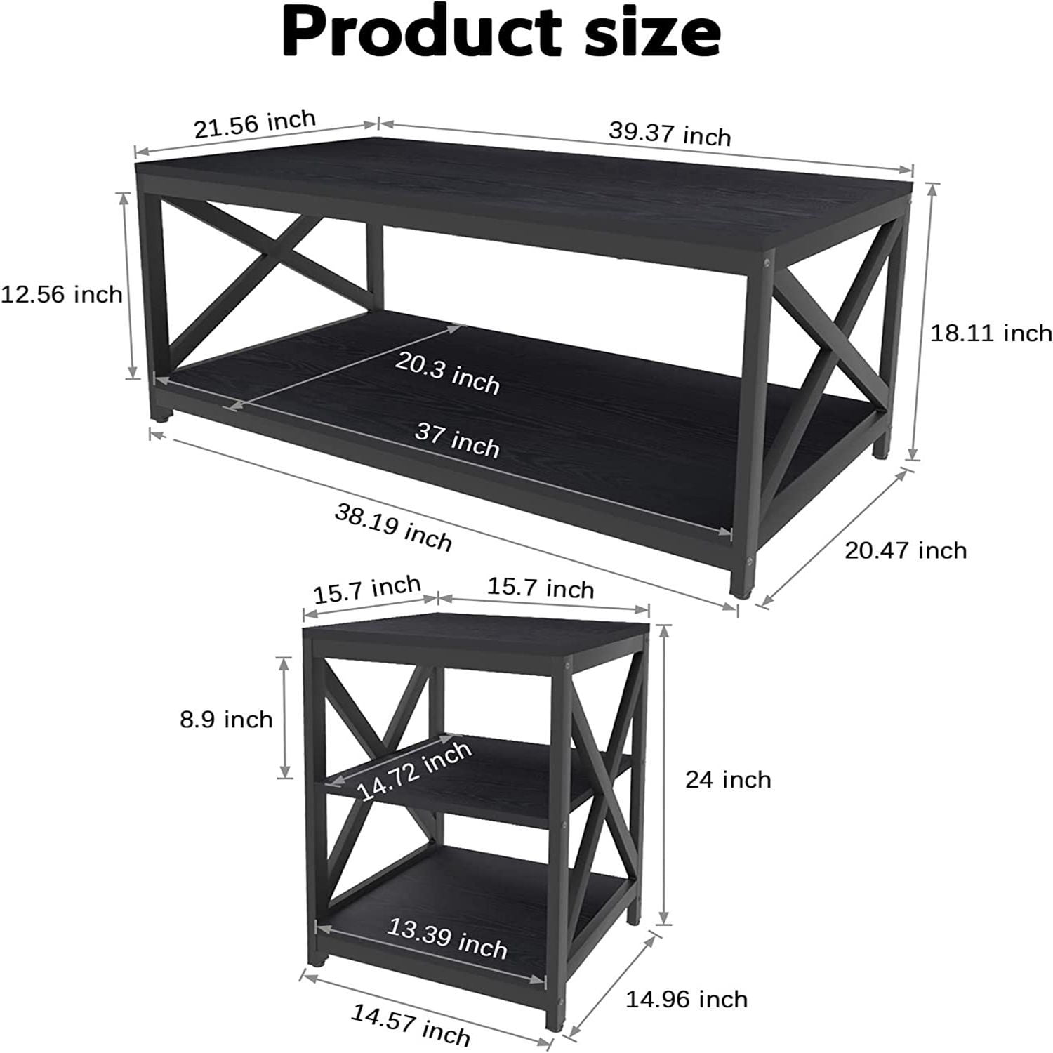 Frmobepts Living Room Coffee Table Set of 3, Modern Coffee Table and 2 End Side Tables, 3 Piece Living Room Table Set with Large Storage for Apartment Home, Black