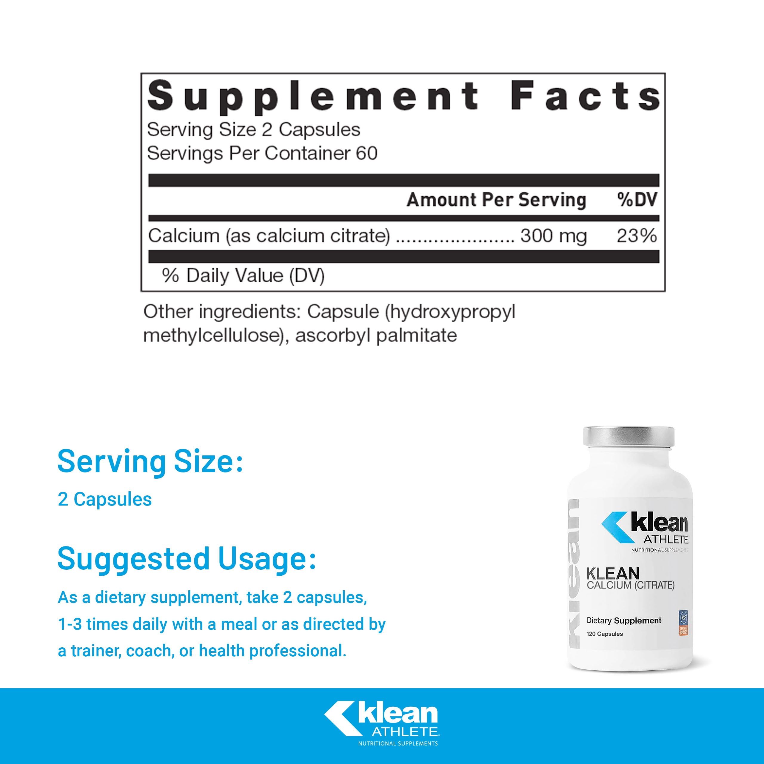 Klean ATHLETE Klean Calcium Citrate - For Bone Health & Density - Bone Support for Sports* - Gluten Free, Vegan & Non-GMO - 120 Capsules