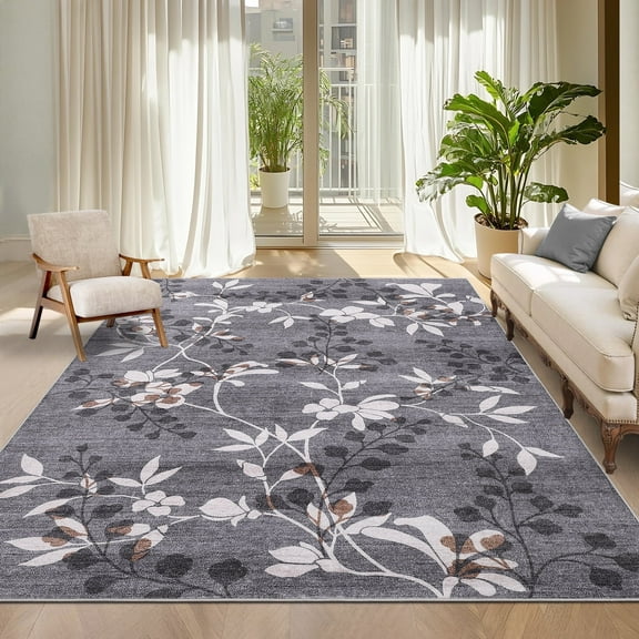Garvee 5'x7' Modern Area Rug Washable Floral Accent Carpet with Non-Slip Backing, Stain-Resistant Soft Rugs Low Pile Floor Mats, Botanical Print Rug for Living Room, Bedroom, Dining Room, Gray