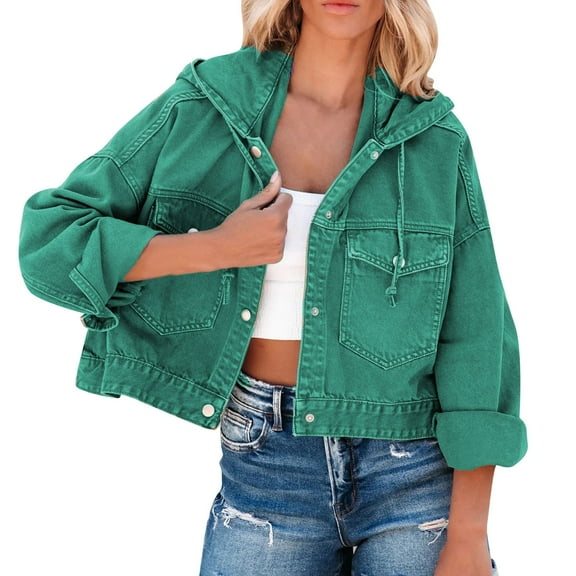 Jackets Womens Trendy Casual Solid Denim Turndown Long Sleeve Loose Button Hoodie Cropped Lightweight Fall Winter Womens Coat,Green,M
