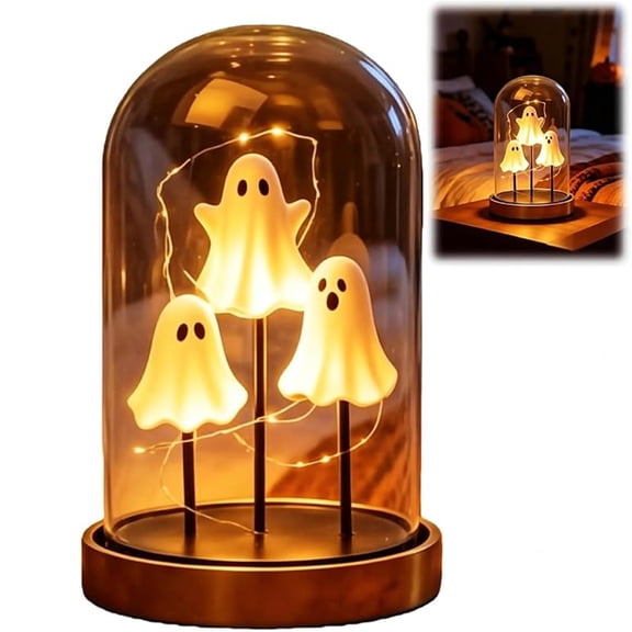 Halloween Ghost Night Light, Glass Cloche Stand Lamp LED spooky, Indoor halloween ghost decor, for party holiday table nightstand bedroom