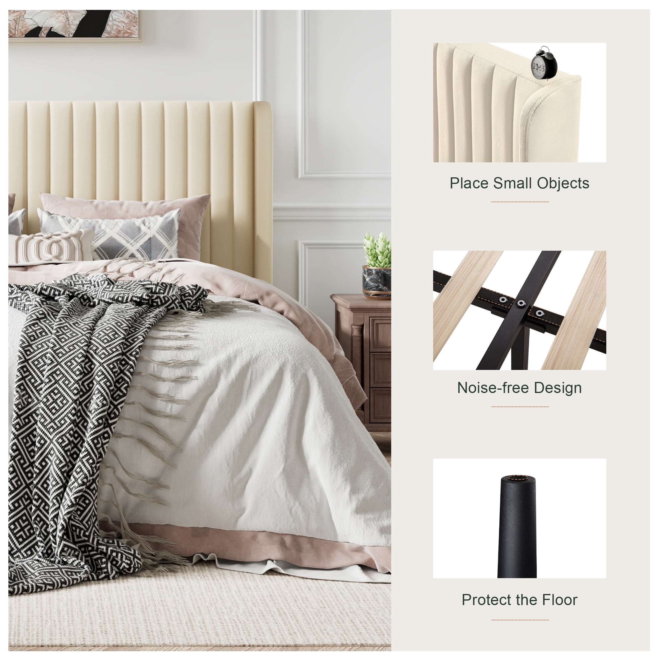 Amolife Queen Size Velvet Upholstered Bed with Wingback Headboard, Cream