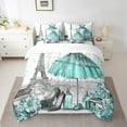 thumbnail image 2 of Fashion Woman Dress Bed in a Bag 7 Piece Modern Bedding Sets Queen Eiffel Tower Comforter Set with Sheets Teal Dress Perfume Print Bed Set Romantic Makeup Themed Sheets, 2 of 5