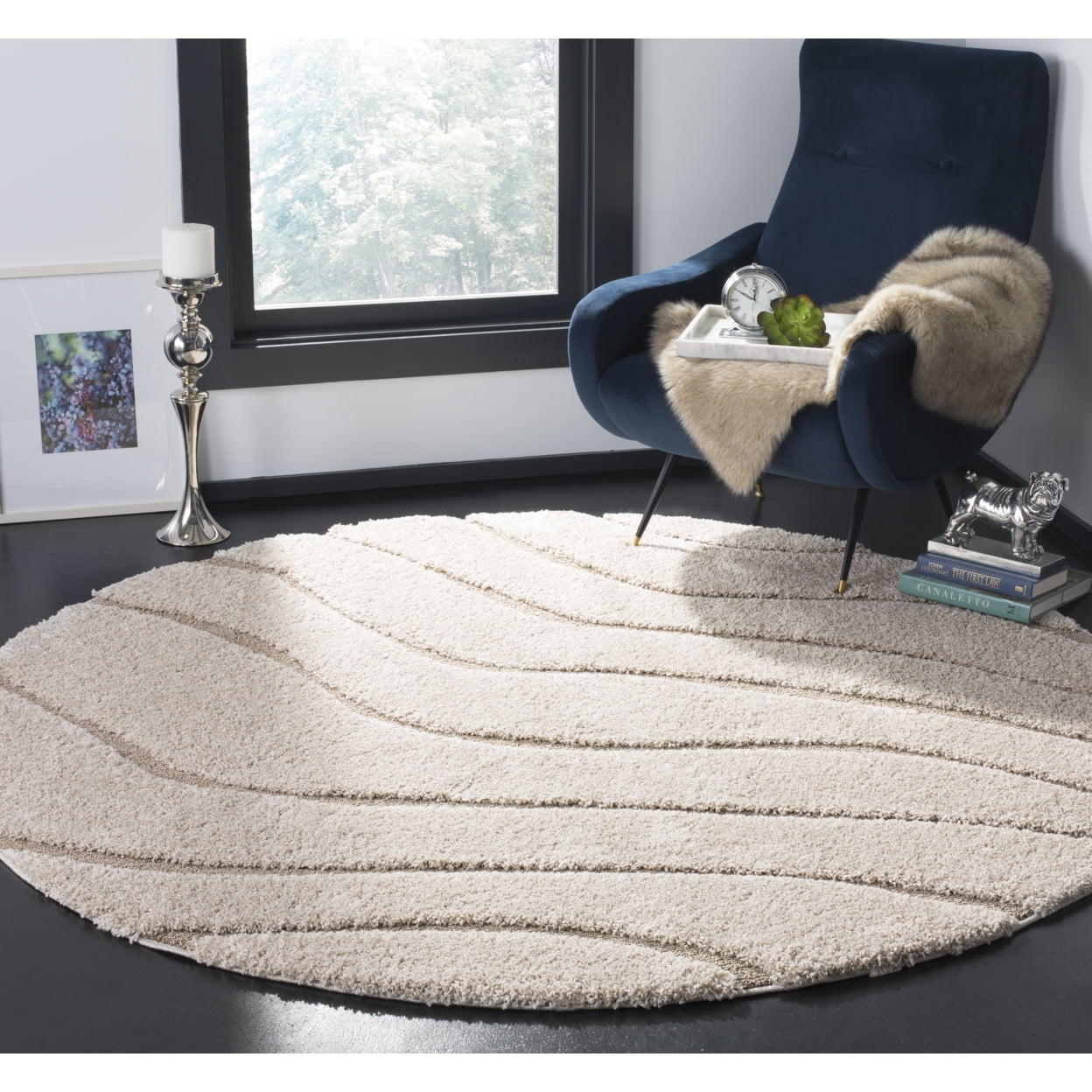 SAFAVIEH Florida Tabitha Geometric Waves Shag Area Rug, Cream/Beige, 5'3" x 7'6"