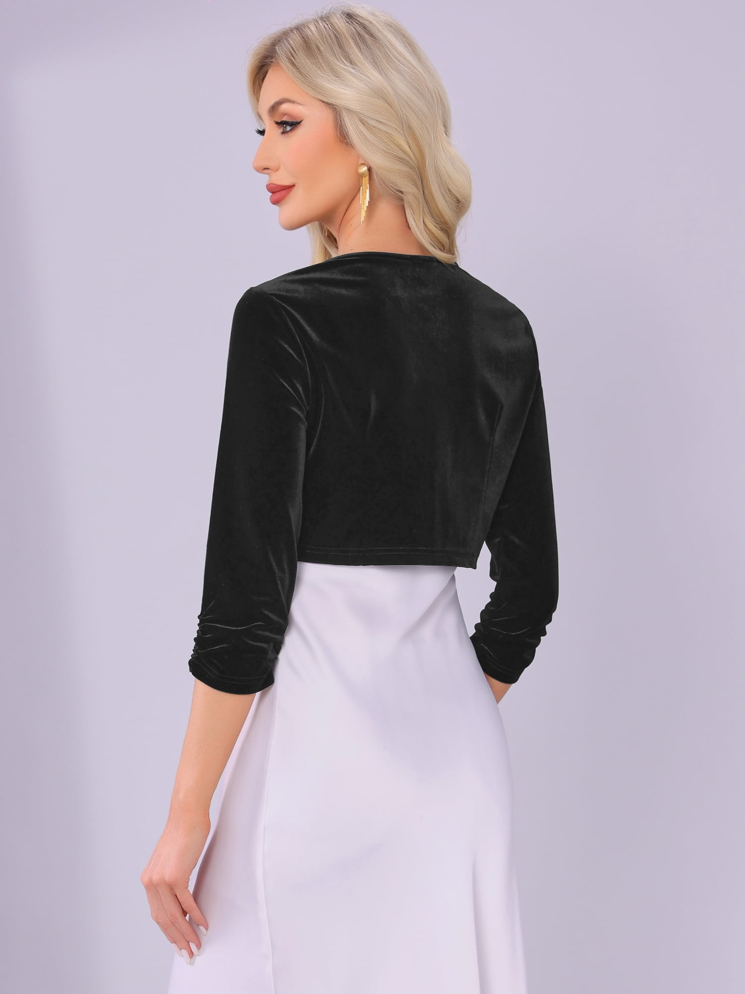 DARING DIVA Women's 3/4 Sleeves Velvet Cropped Cardigan XL Black