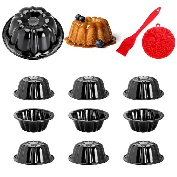 10Pcs 4 Inch Mini Fluted Cake Pan Nonstick Mini Fluted Tube Cake Pan, Carbon Steel Mini Flan Molds Pan with Oil&Dish Brushes, Reusable Oven Baking Mold for Cupcake, Bread Chocolate, Brownie