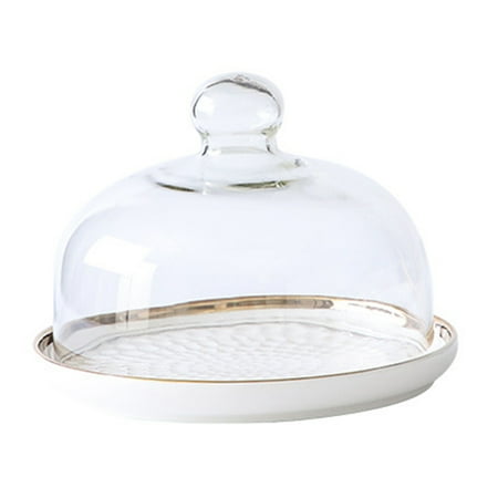 

TRINGKY Ceramic Cake Tray Serving Plates Platter with Dome Glass Cover Multi-Purpose Use