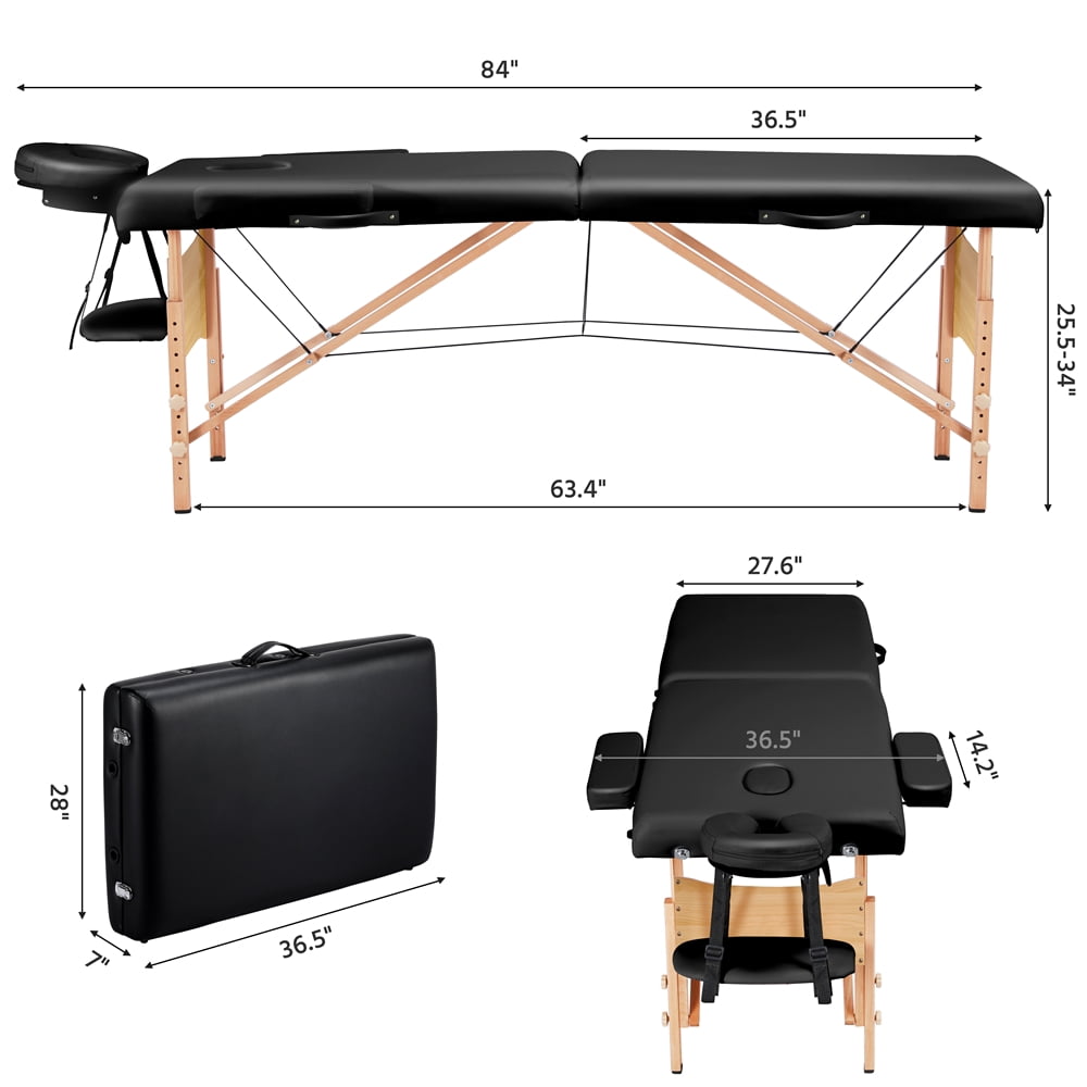Alden Design 2-Fold Portable Massage Table with Carry Case Bag for Spa Treatments, Black