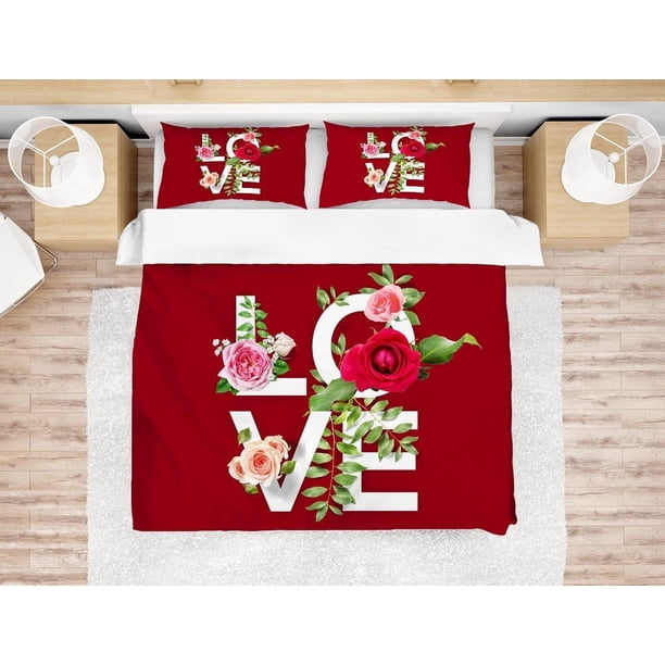 3D Red Rose Love Funda de edredón Juego de ropa de cama Fundas de almohada 19