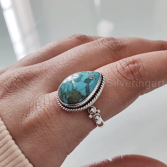 Natural Blue Copper Turquoise Ring, Bohemian Turquoise Ring, December Birthstone, 925 Sterling Silver, Womens Ring, Christmas, Thanksgiving, Handmade, Statement Jewelry, Natural Turquoise Ring