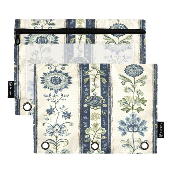 Dailycode 2 Pack Pencil Pouch for 3 Ring Binder Smooth Zipper Folders with Pockets Clear Window Pencil Case, Traditional Striped with Flower Motifs