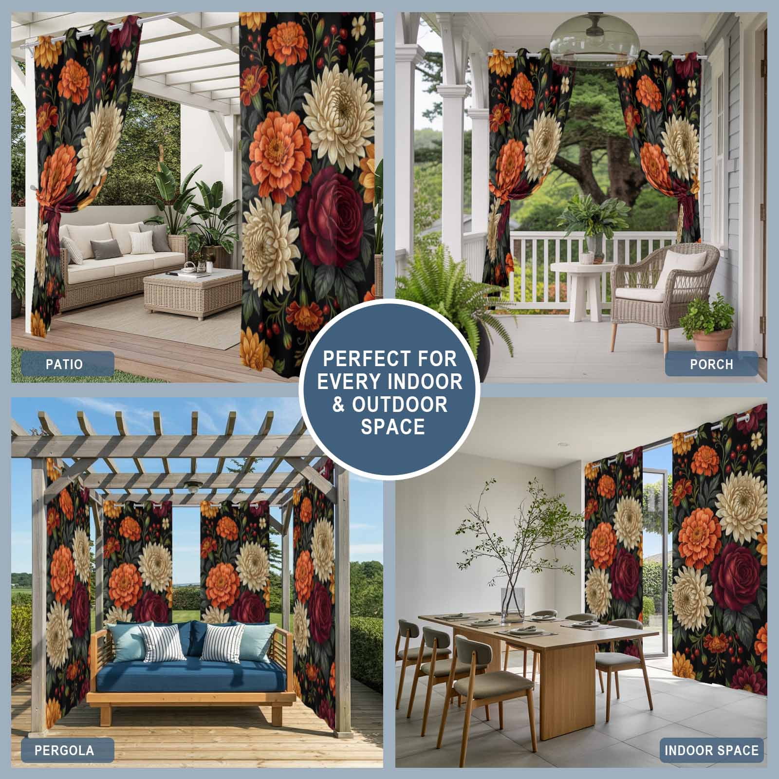 Dahlias Roses Outdoor Curtains for Patio, Country Watercolor Red Orange Flower Berry Green Leaf Sunshade Privacy Drapes Grommet Waterproof Outside Curtains for Porch/Cabana/Balcony 54"x 108", 1 Panel