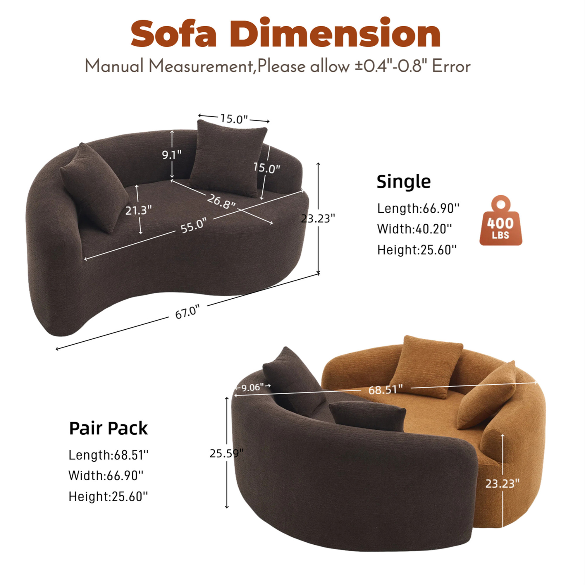 Aukfa 67" Small Sofa S-Curved Loveseat Couch Modular Sofa No Assembly, 2 Pillows, Chenille, Espresso