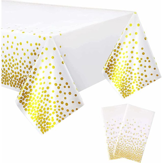 2 piezas Manteles desechables, rectangulares Manteles de fiesta con lunares blancos y dorados para bodas, Navidad, fiestas de cumpleaños, picnics (137 x 274 cm)