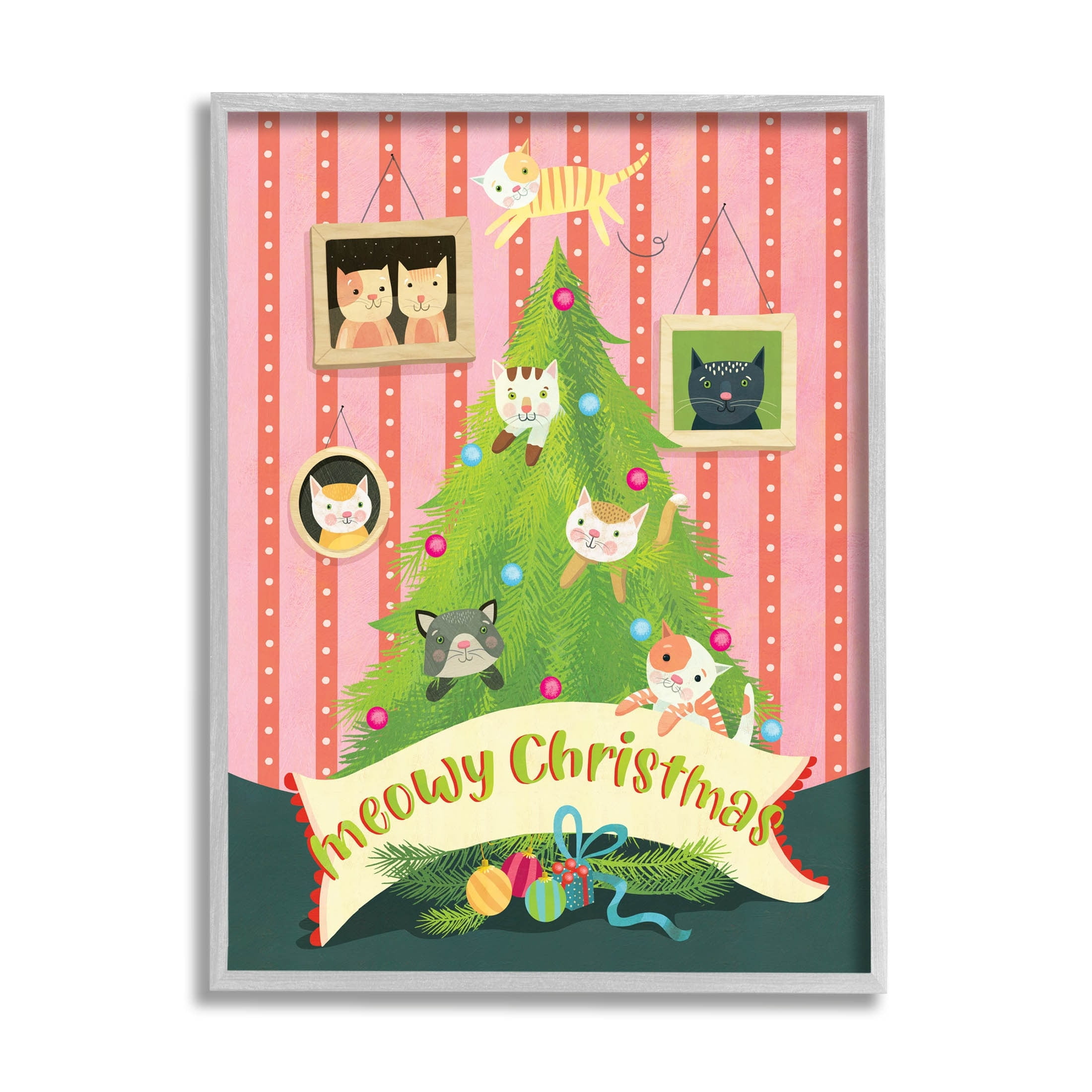 Meowy Christmas Cat Tree Holiday Graphic Art Gray Framed Art Print Wall Art