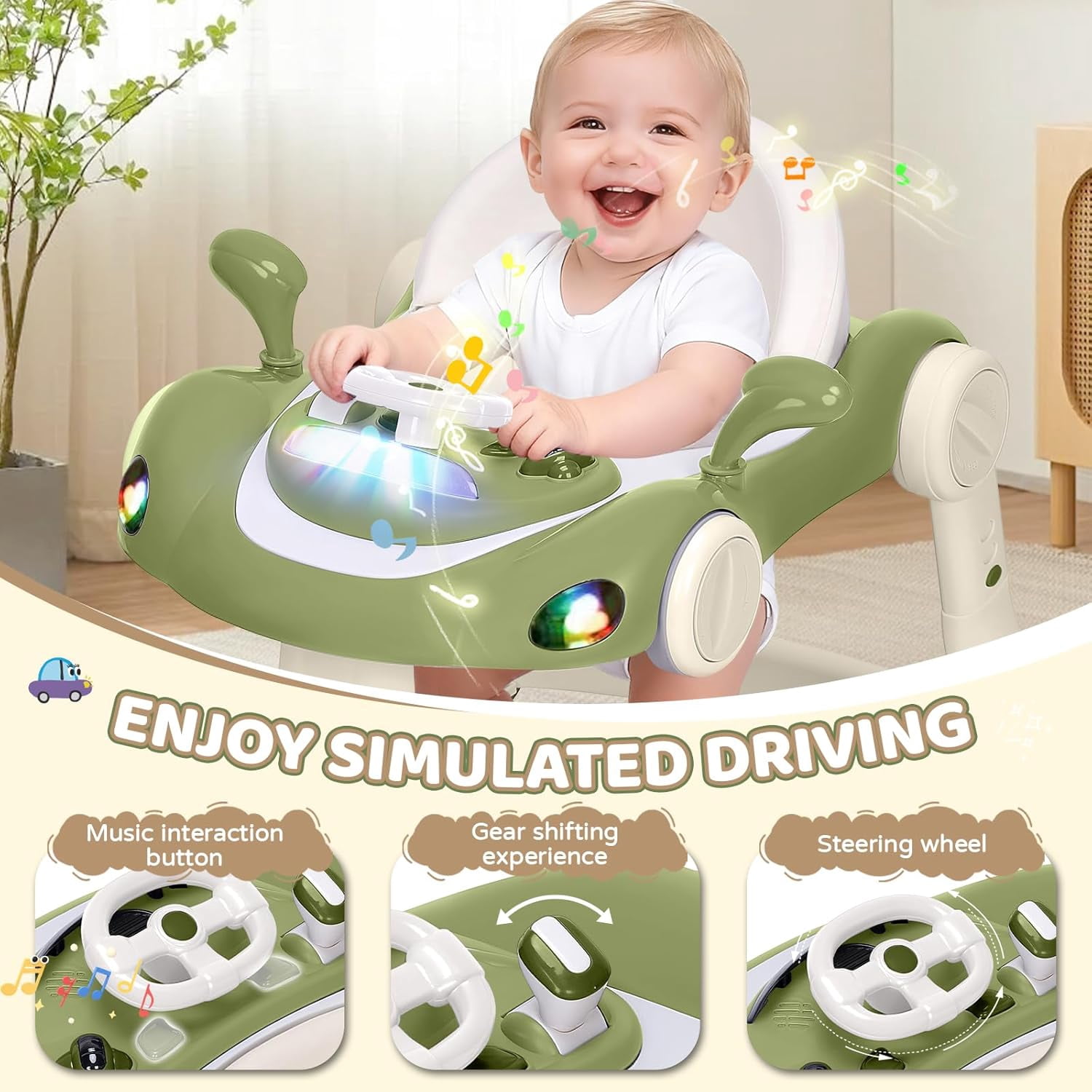 5 in 1 Baby Walker for Boys Girls,Foldable,Music,Jumper,Rocking,Push W/ 3 Height Adjustable for Infant 6-18 Months,Bean Green