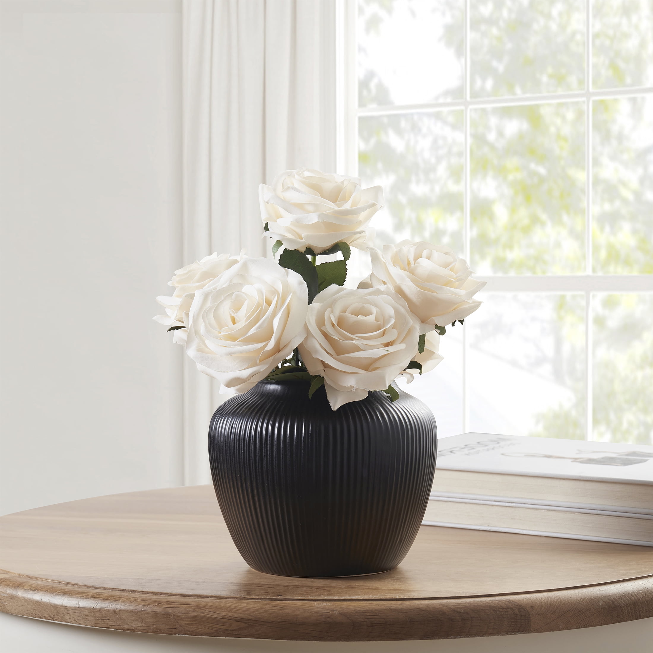 My Texas House 2-Pack, 5" Black Textured Stripe Round Stoneware Vase
