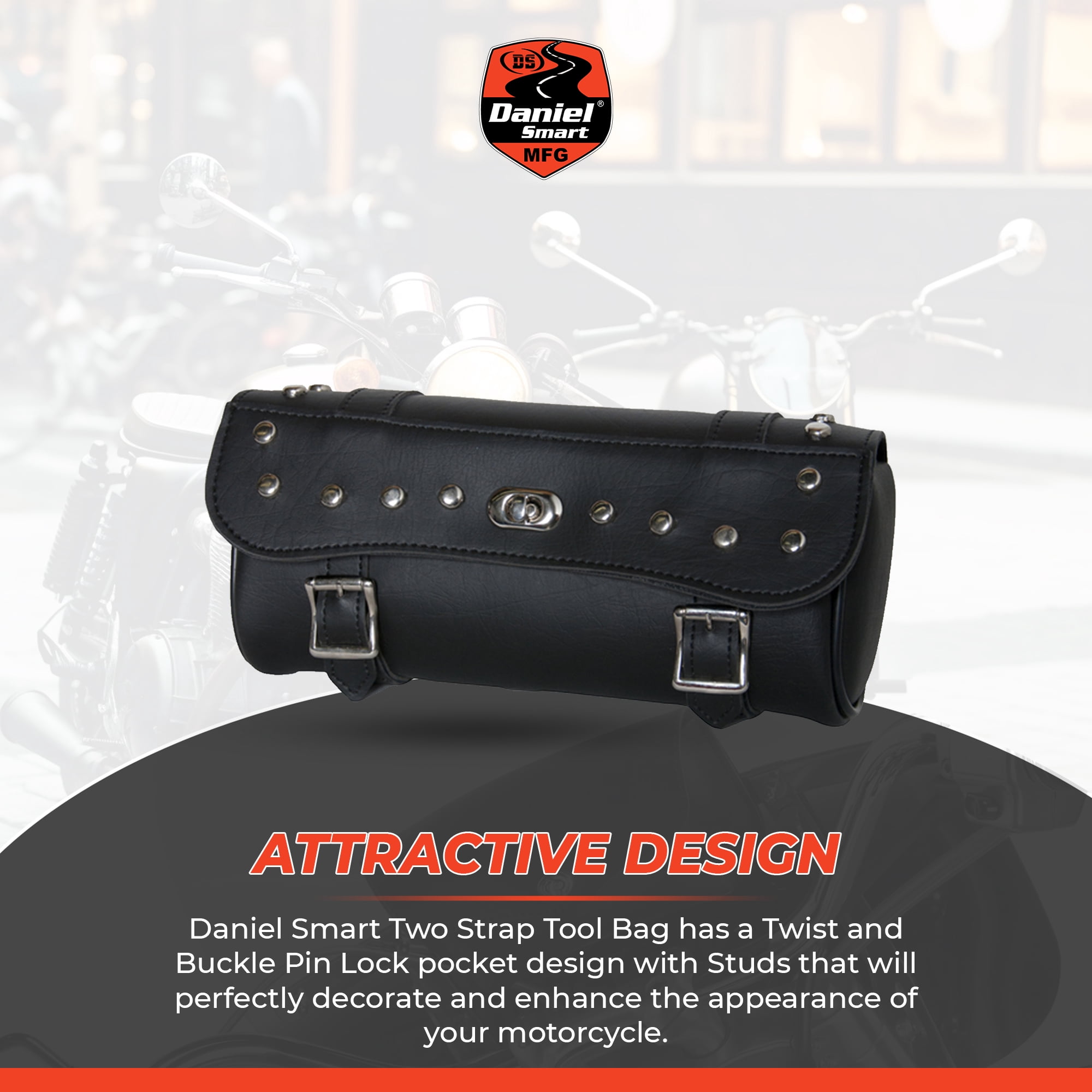 Daniel Smart Large Two Strap Tool Bag - Waterproof and Durable Premium Synthetic Leather with Stunning Twist and Pin Buckle Lock Design with Studs