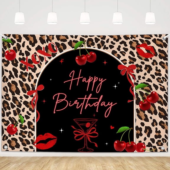 Cheetah Cherry Birthday Backdrop Black and Red Cheetah Print Background Let's Get Wild Cheetah Cherries Birthday Baby Shower Bachelorette Party Decor Banner Photo Props