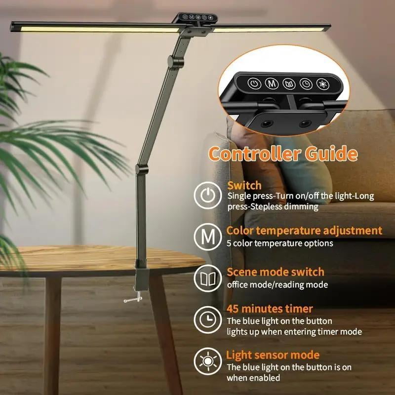Led Desk Lamp with Clamp 24W Desk Lamps for Home Office Desk Lamp with Touch Function and Wireless Nemory Function, 5 Dimming Design (3000K-6000K) Double Head