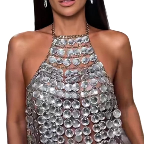 Gemstones Body Chain Camisole for Women Acrylic Crystal Tassels Backless Chest Chain Halterneck Crop Top Body Jewelry