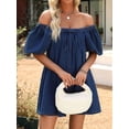thumbnail image 3 of Dress for Women, Puff Short Sleeve Jean Dress Square Neck Denim Romper with Pockets Blue L, 3 of 4