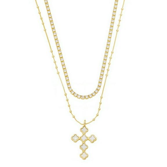 Believe by Brilliance Women's 14Kt Gold Flash Plated Mother of Pearl Cross Pendant and Cubic Zirconia Tennis Chain Layered Necklace Set, 16 2"/18 2"