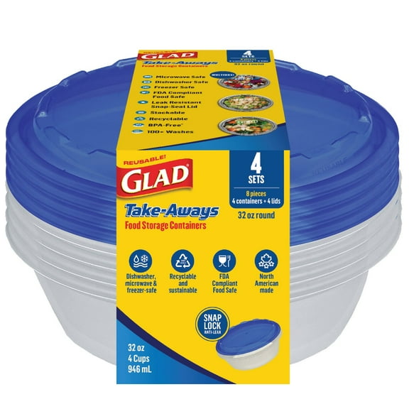 Glad Take-Aways Round Food Storage Containers, 4 pk - 32 oz