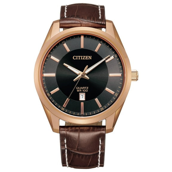 Citizen Men's Quartz Brown Leather Strap Watch with Rose Gold-Tone Case - BI1033-04E