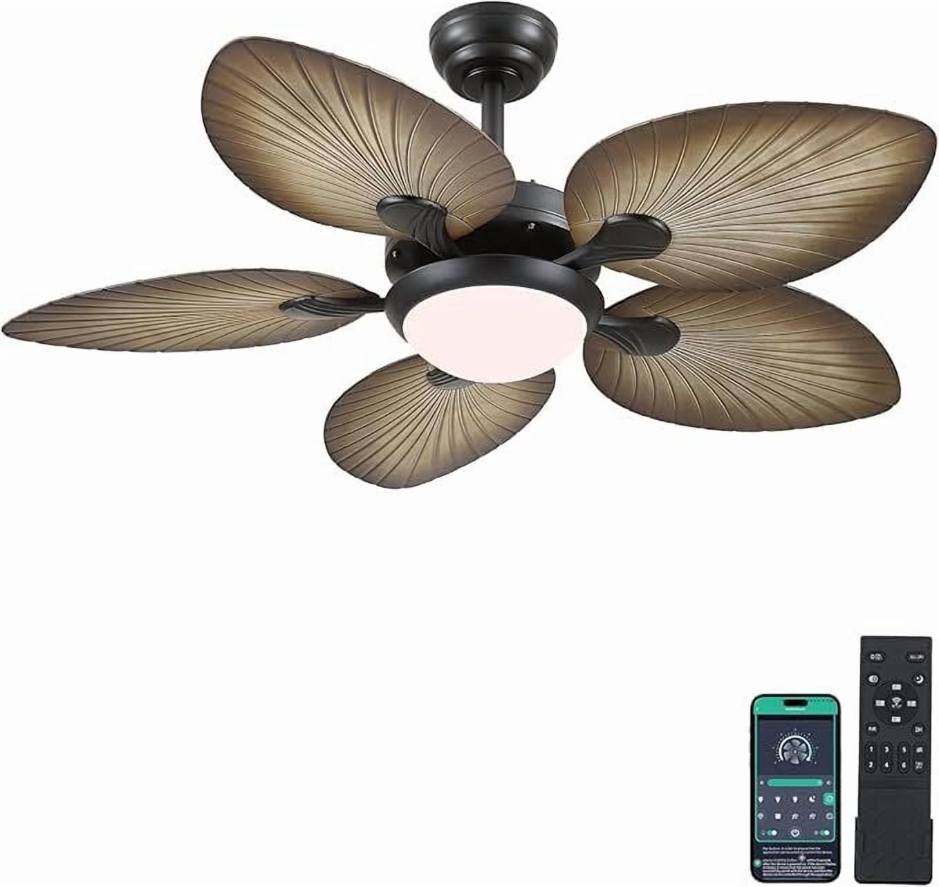 BayDay 44 Inch Tropical Palm Leaf Ceiling Fan with LED Lights, Remote/APP Control, Dimmable, Reversible Quiet Motor, Outdoor Ceiling Fan for Patio, Porch, Living Room, Bedroom, Wood Grain Finish