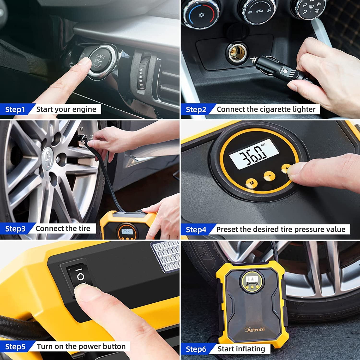 Tire Inflator 100 PSI, Car Tire Air Pump, Portable Air Compressor for Tires, Yellow, for Gift